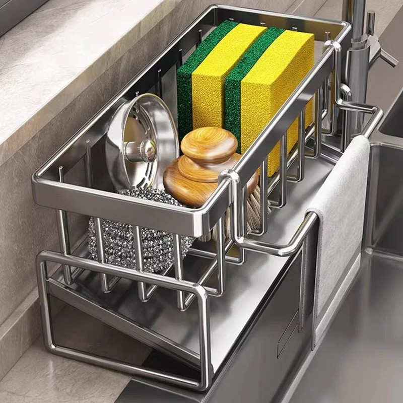 Black Aluminum Kitchen Sink Sponge Organizer Rack with Towel Holder Rust Free