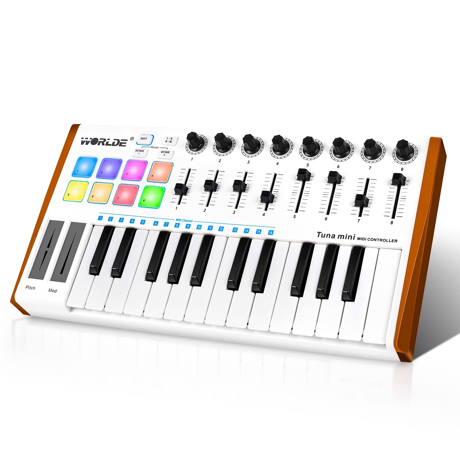 Vangoa Worlde 25 Key MIDI Keyboard Controller White 8 Knobs 8 Sliders