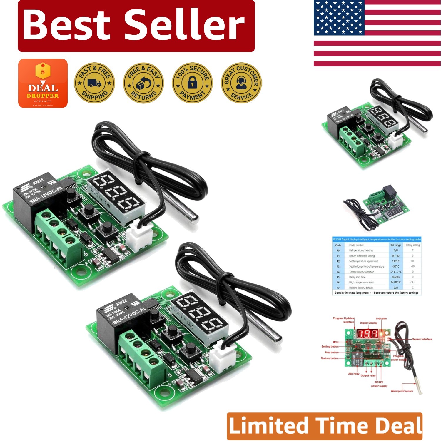 2pcs W1209 12V DC Digital Temperature Controller -50 to 110°C, 0.1°C Accuracy