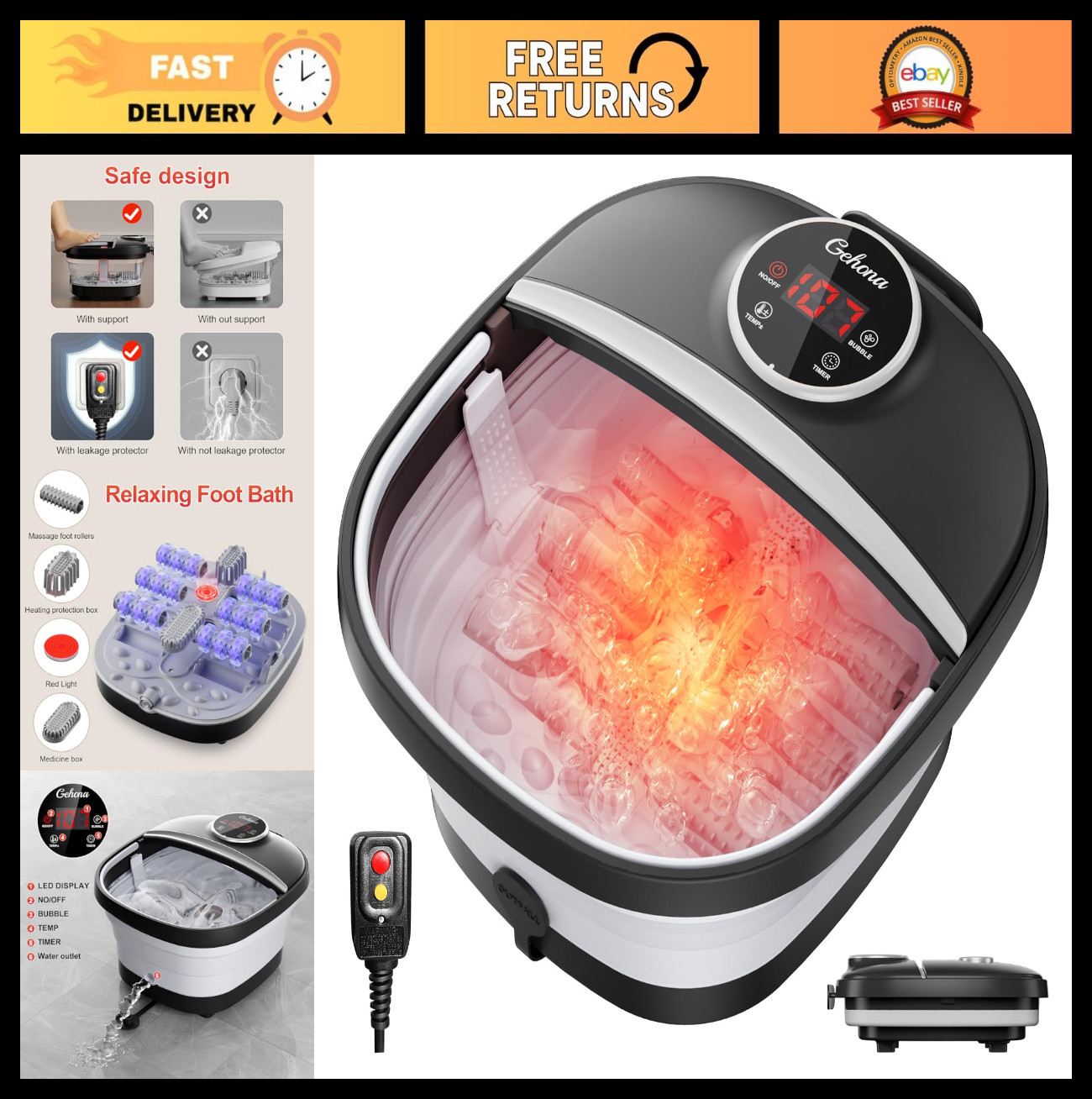Collapsible Heated Foot Spa Bath with Massager, Bubbles, Timer & Temperature Con