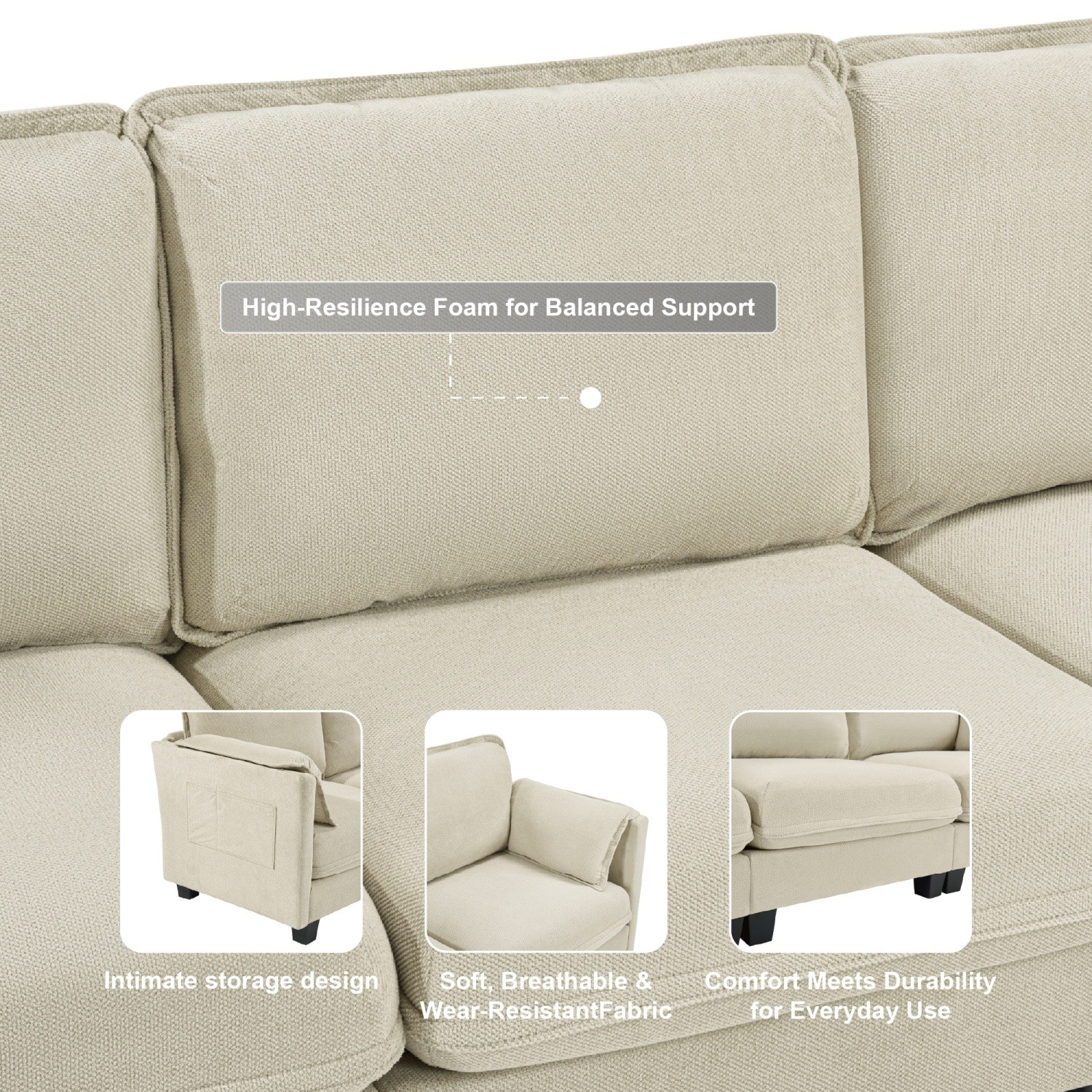 L-Shaped Sofa 4-Seater Modular Couch w/ Ottoman & Detachable Armrest Cushion