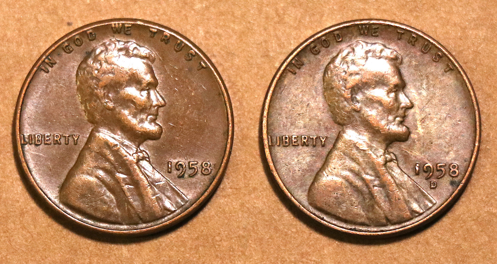 1958 P 1958 D Lincoln Wheat Cents VF brown