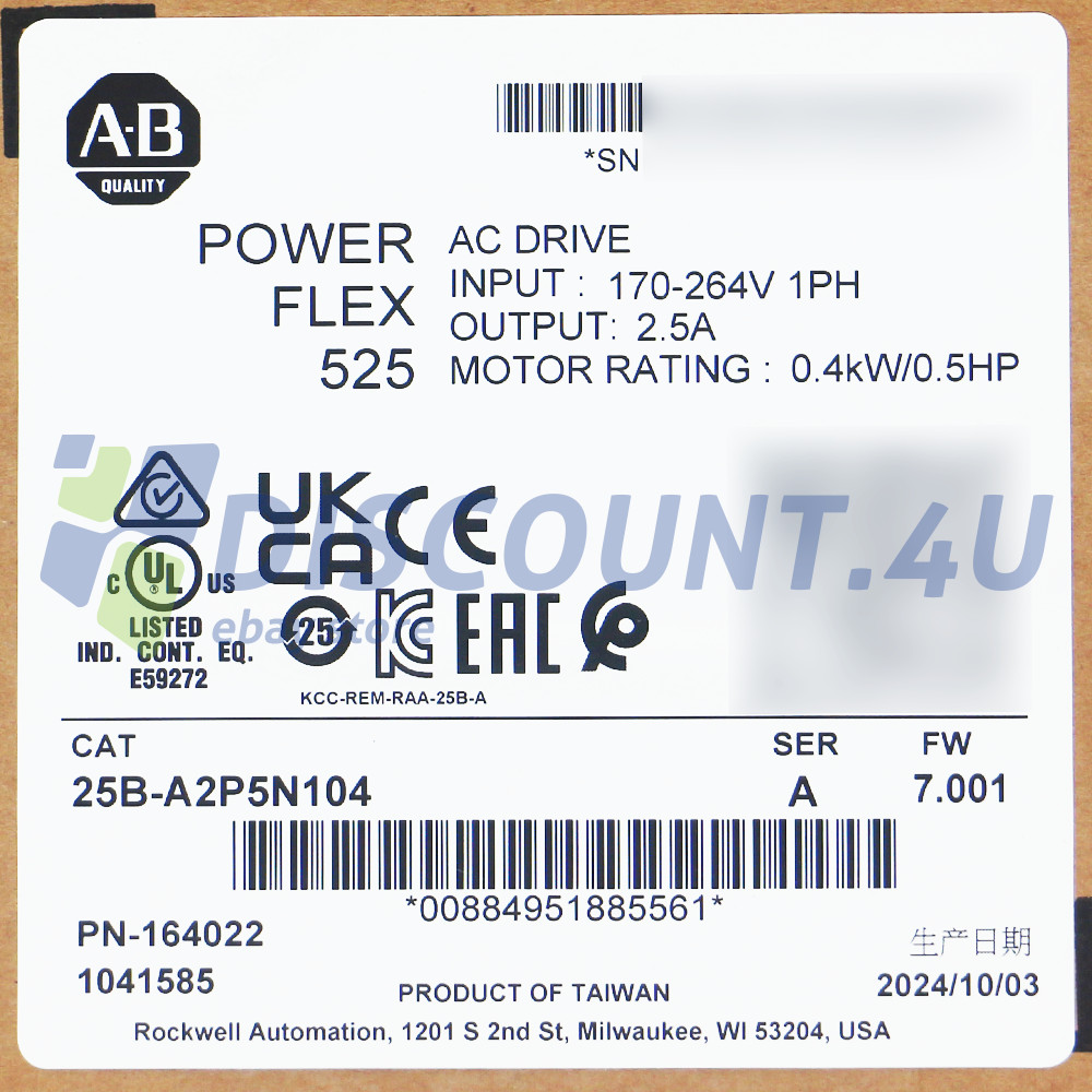 New Sealed Allen Bradley 25B-A2P5N104 Ser A PowerFlex 525 AC Drive 0.4kW 0.5Hp