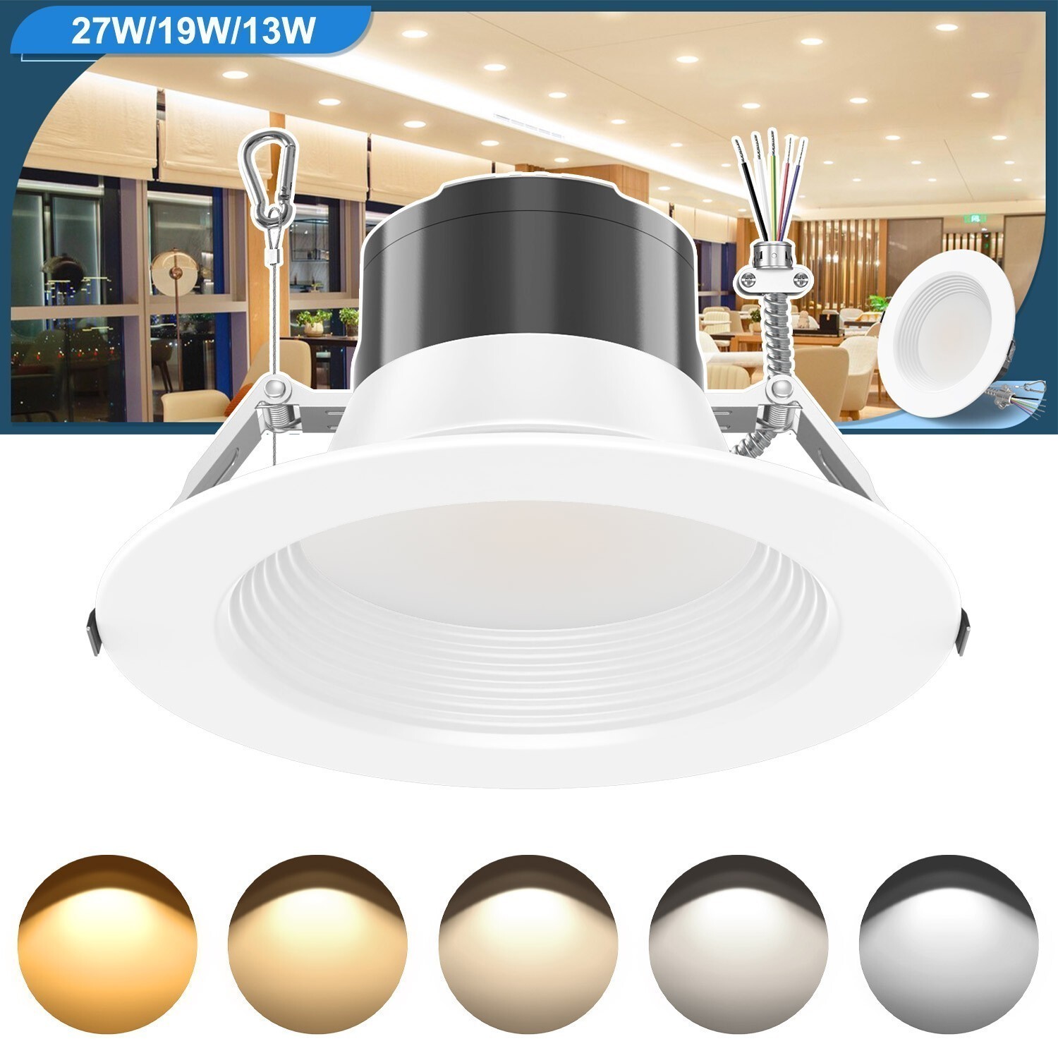 27W/19W/13W LED Recessed Lighting 6 Inch Canless Ceiling Downlight 2700K-5000K