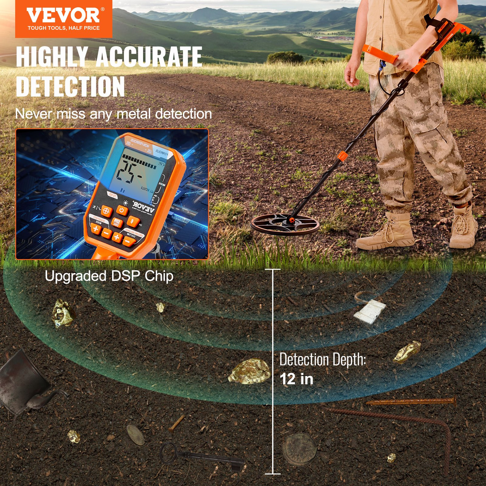 Waterproof Metal Detector, 12" Coil, IP68 for Detecting Gold Treasure Hunting