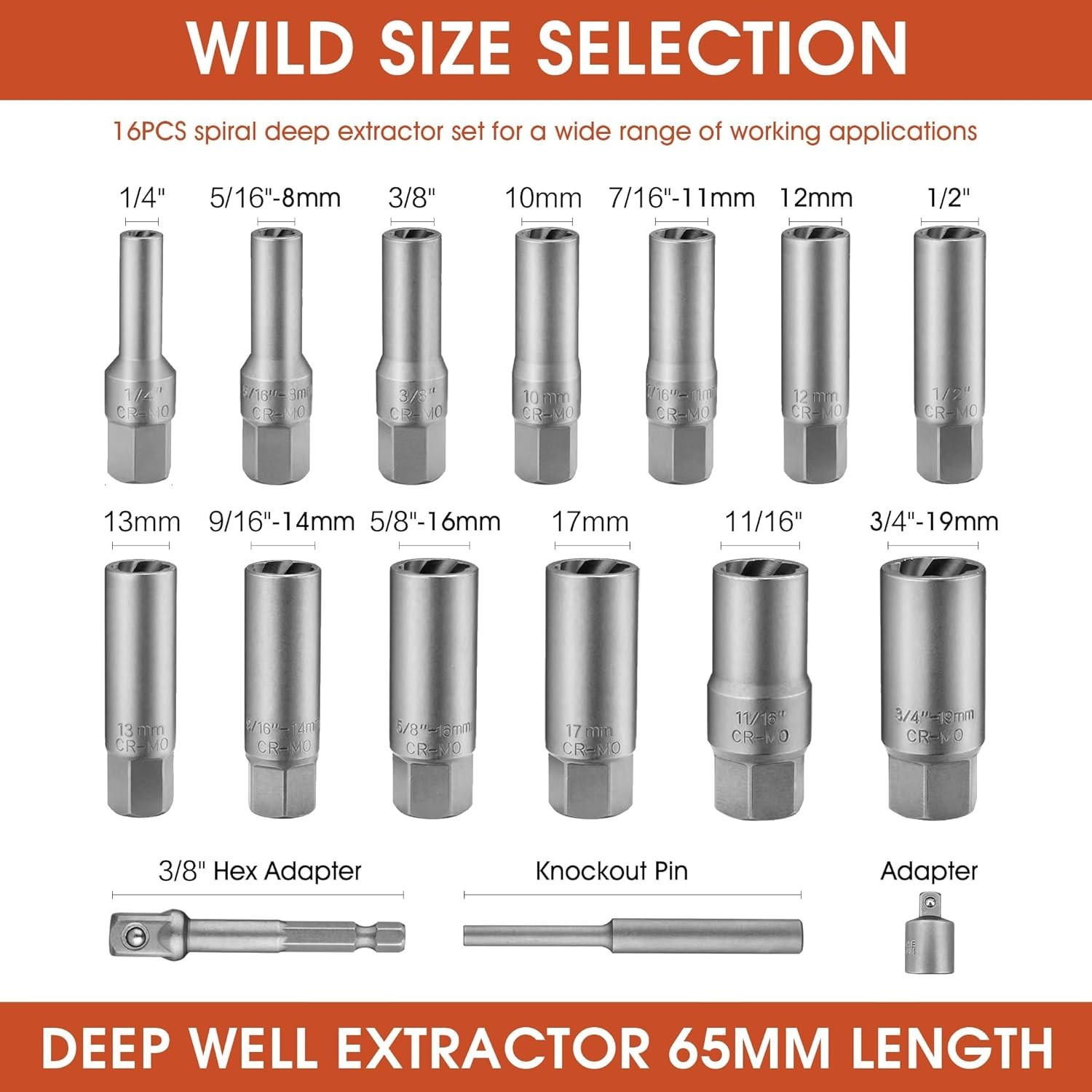 16pcs 3/8" Deep Well Bolt Extractor Set Spark Plug Removal Extraction Socket