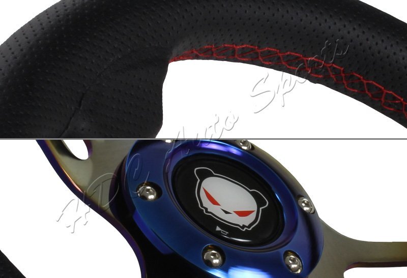 350MM Titanium Blue Red Stitched Black Leather 3-Spoke Racing Steering Wheel