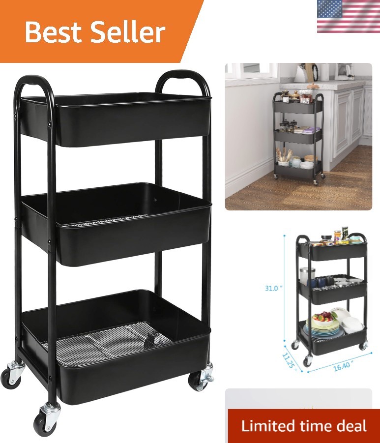 Elegant 3-Tier Rolling Utility Cart with Caster Wheels for Kitchen & Bathroom