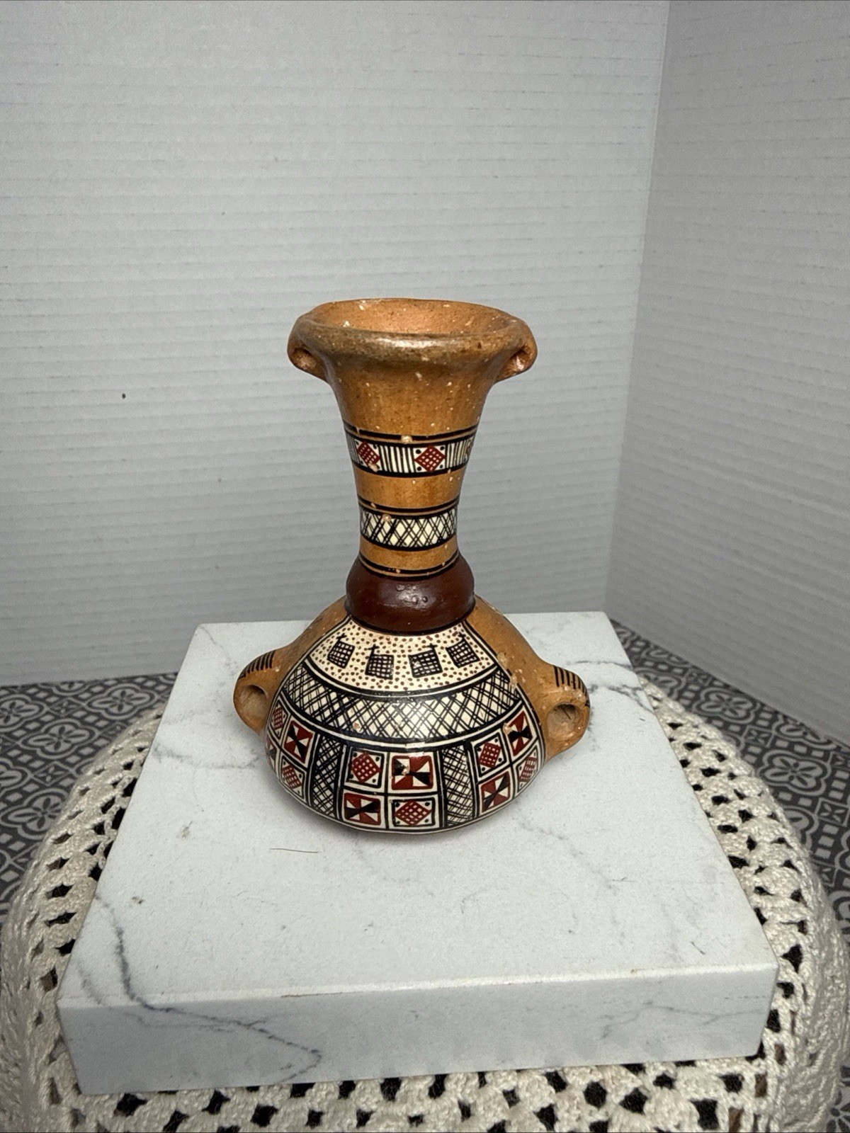 Cusco Peru Art Pottery Hand Painted Patterned Vase Small 3” Vintage Decor