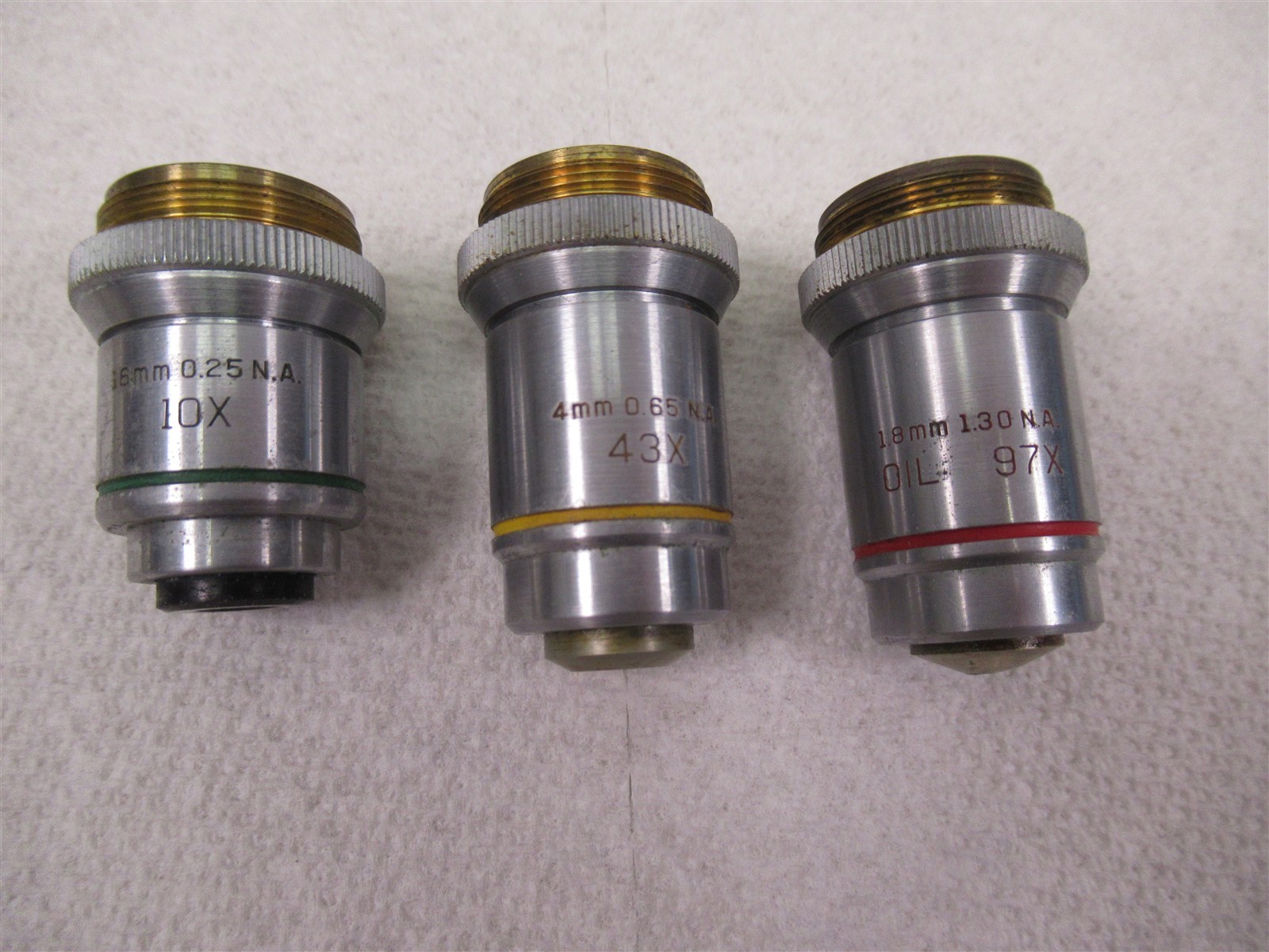 Lot of 3 Bausch & Lomb Microscope Objective Lenses 10X 43X 97X Oil Immersion RMS