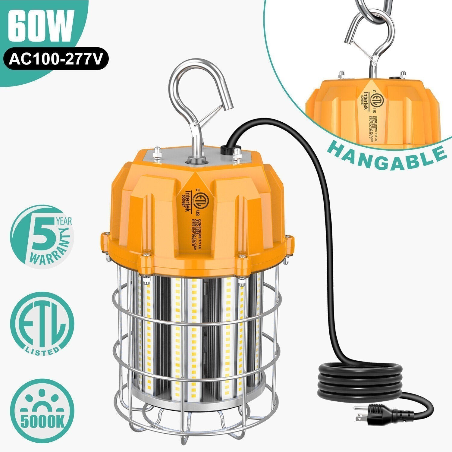 60W LED Temporary Work Light 9000LM 5000K Daylight Construction Jobsite Lighting