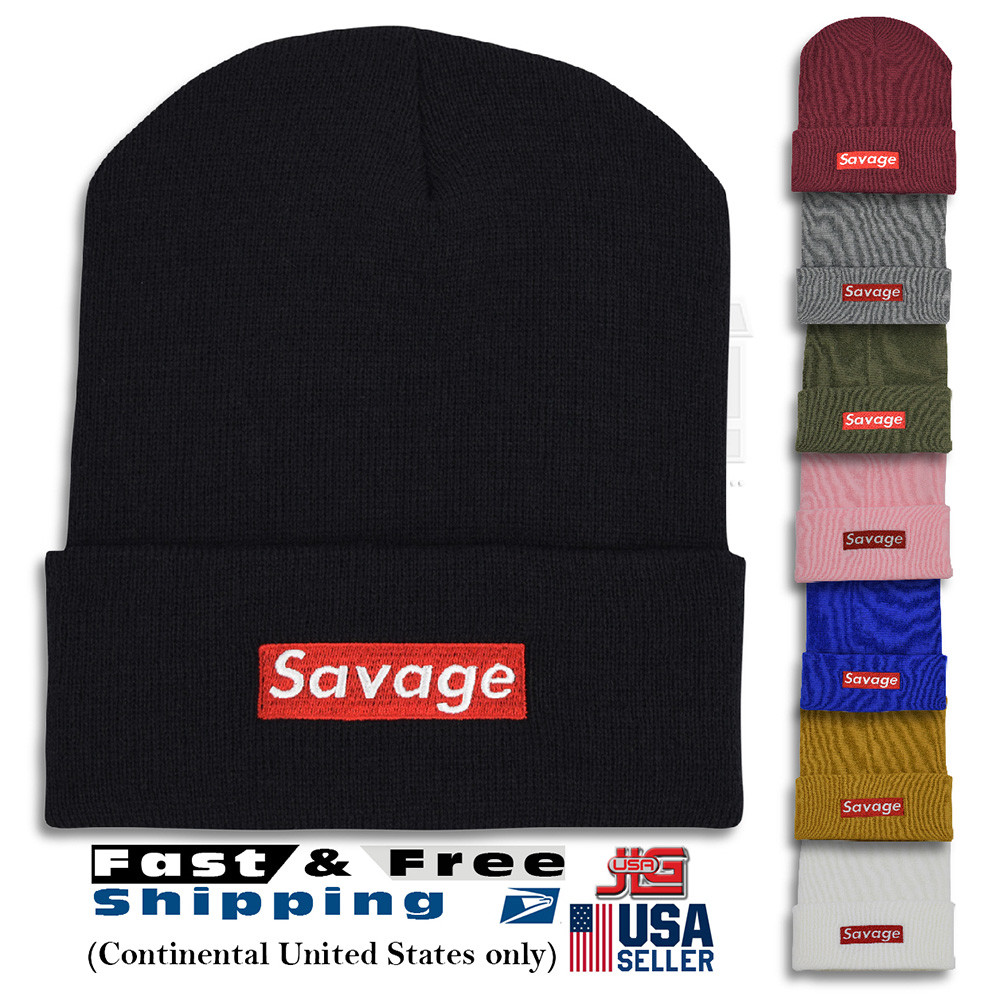 Savage Embroidery Unisex Knit Winter Warm Skull Hat Fold-Up Beanie Cap