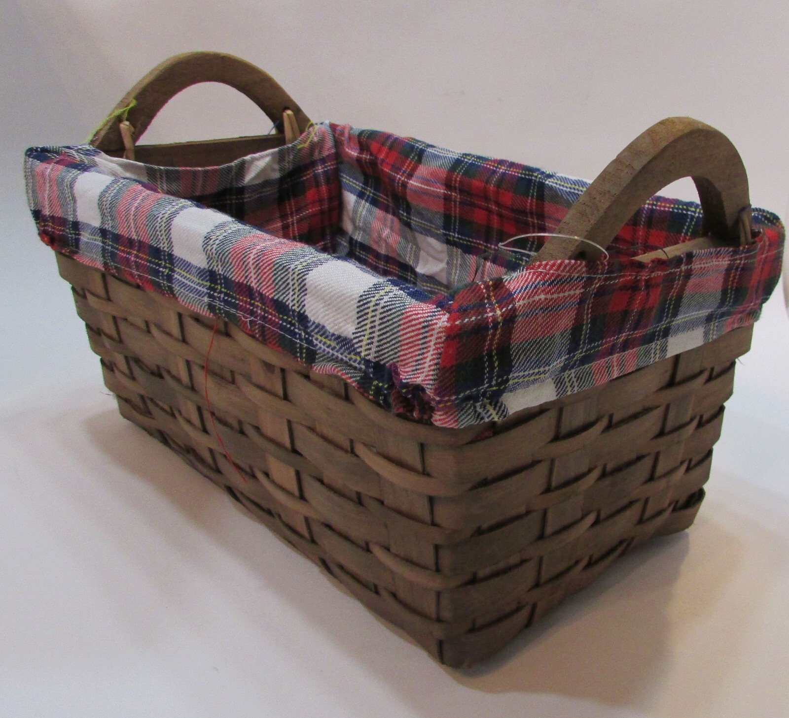 Two Handle Woven Shaved Wood 6x8x12 Rectangle Basket w Red Scotch Plaid Lining