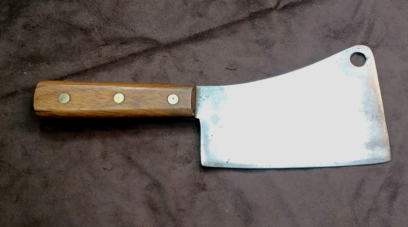 Vtg Very Nice Well Balanced 5.5" Carbon Steel Cleaver, W/ Wood Scales, Unbranded