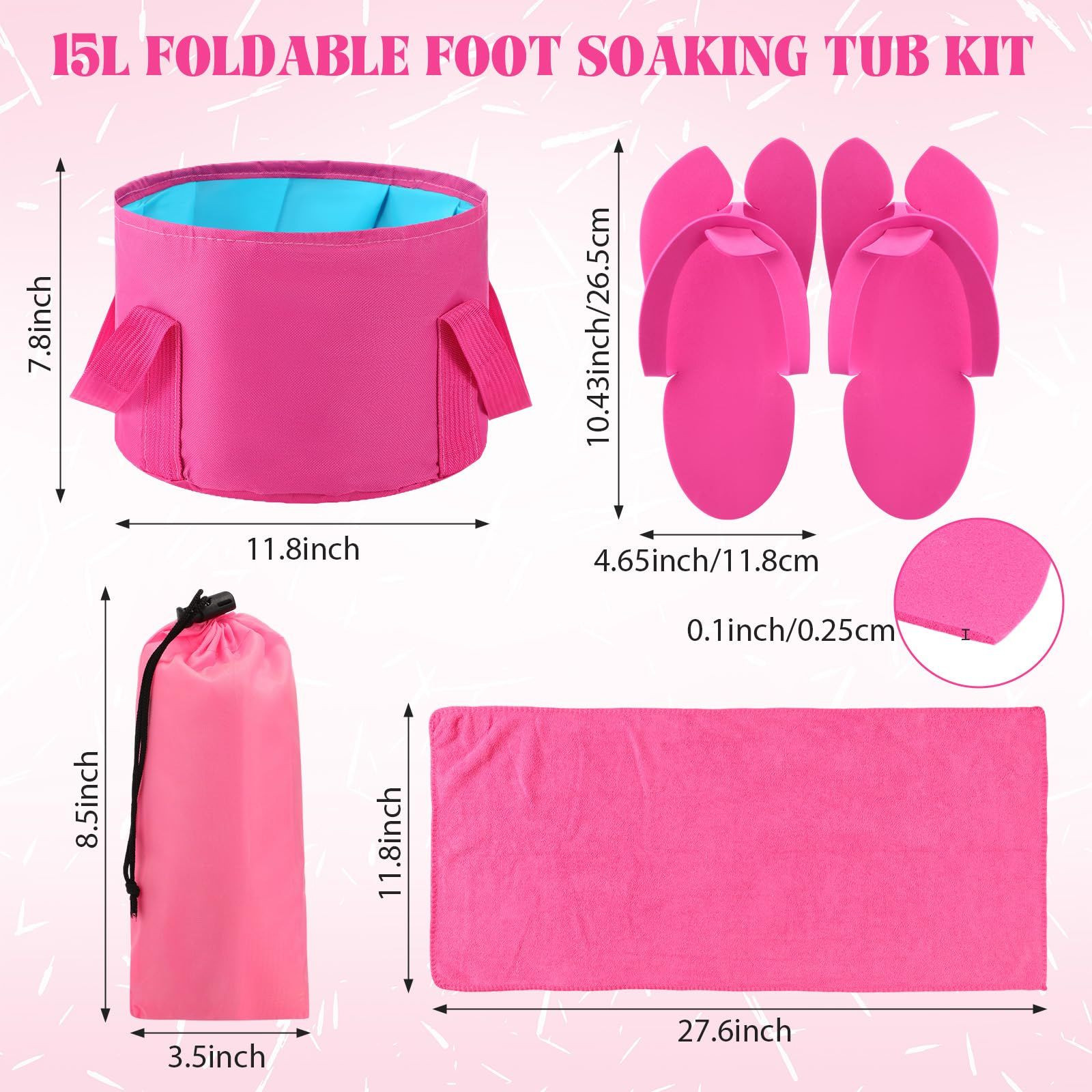 FillTouch 6 Sets Foldable Foot Bath Kit 15L Collapsible Soaking Rose Red