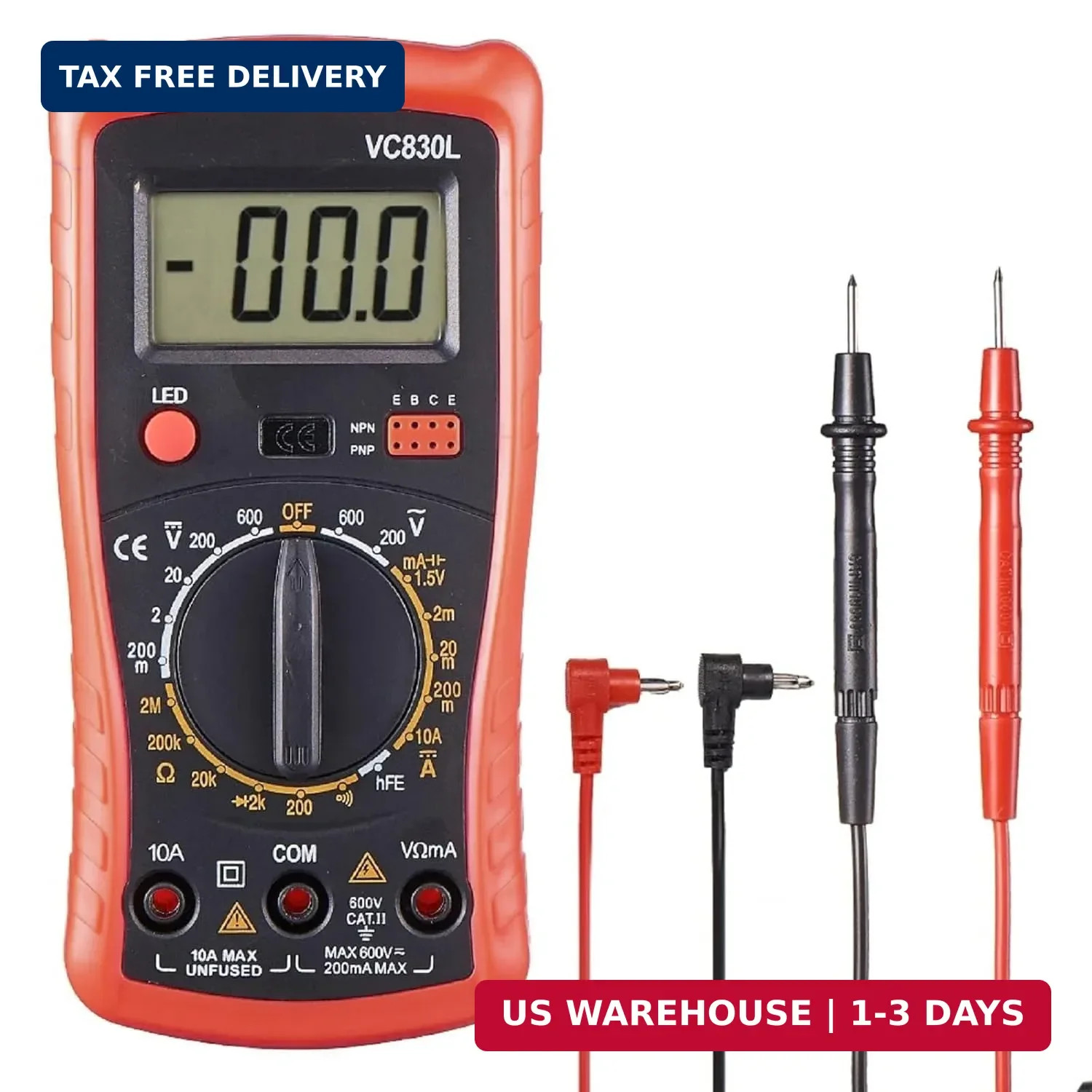 Digital Multimeter with Premium Probes, Measures AC/DC Voltage, Current, Resista