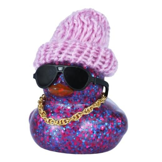 Purple Glitter Rubber Duck with Knit Hat, Sunglasses & Necklace - Car Purple2