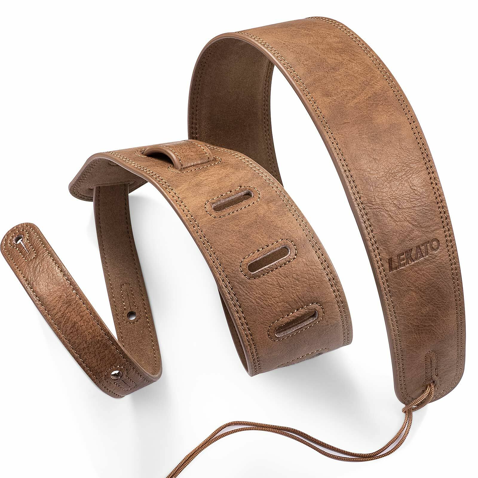 LEKATO Acoustic Electric Guitar Bass Leather Strap 2.5" Wide 41in to 51inch Belt