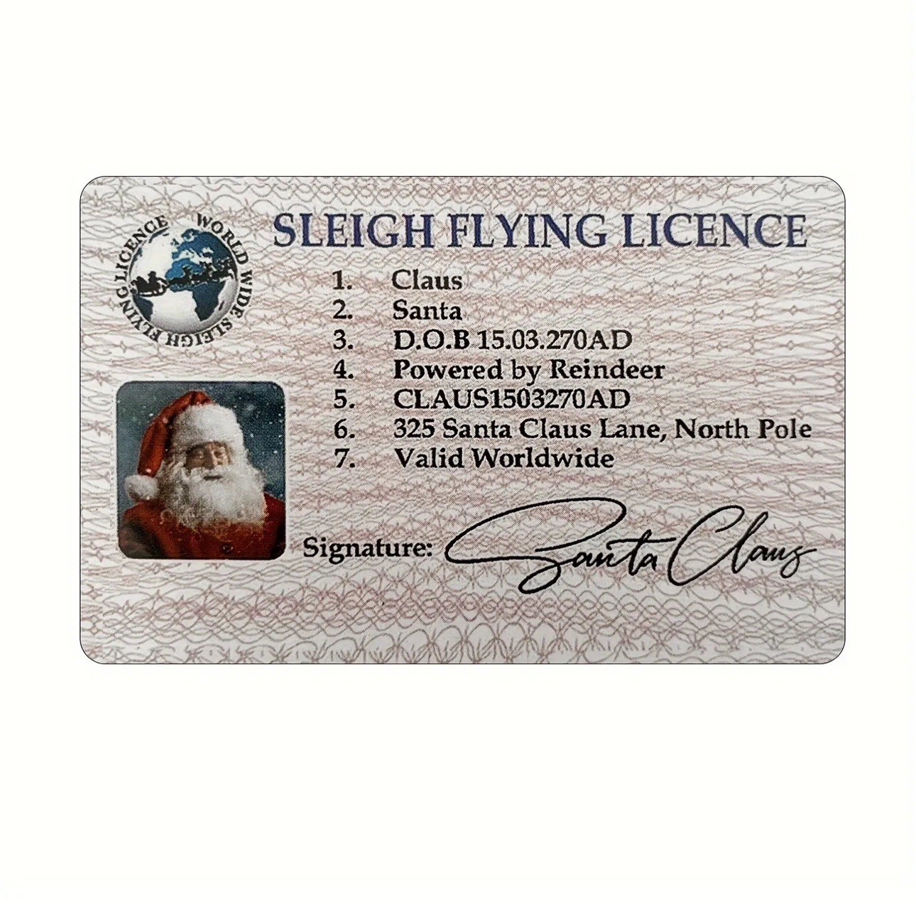 NOVELTY SANTA CLAUS SLEIGH FLYING DRIVERS LICENSE CHRISTMAS PRANK GAG GIFT
