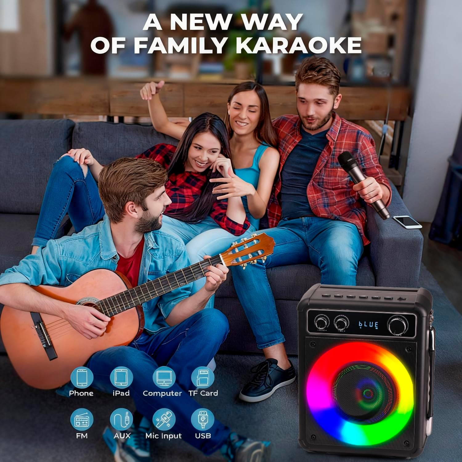Karaoke Machine with 2 Wireless Microphones, Portable Bluetooth Speaker for Adul