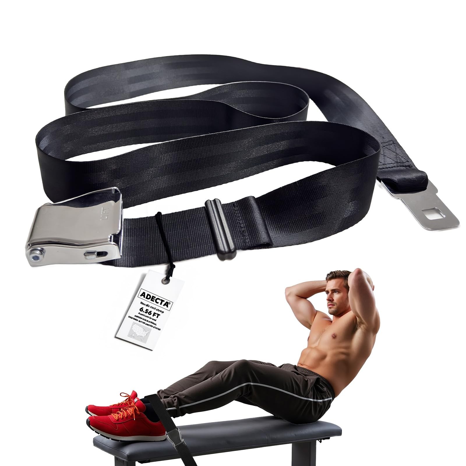 ADECTA Nordic Hamstring Curl Strap, 6.5FT Gym Seatbelt and 6.5FT, Black