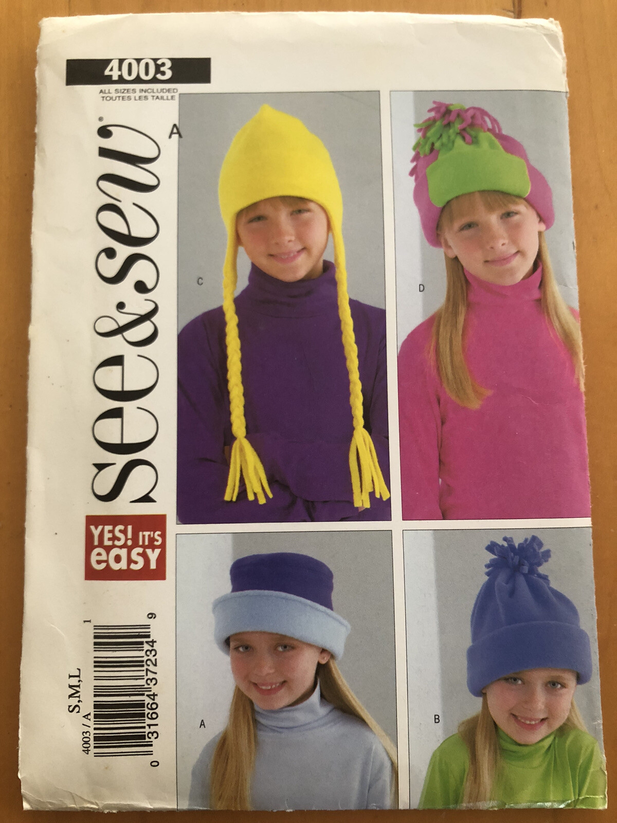 Butterick See & Sew Pattern 2003 #4003 Children’s /Girl's Hats Sizes S, M, L
