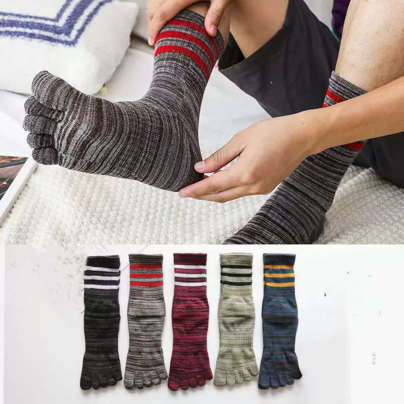 5Pairs Five Finger Toe Crew Sport Solid Athletic Striped Casual Cotton Men Socks