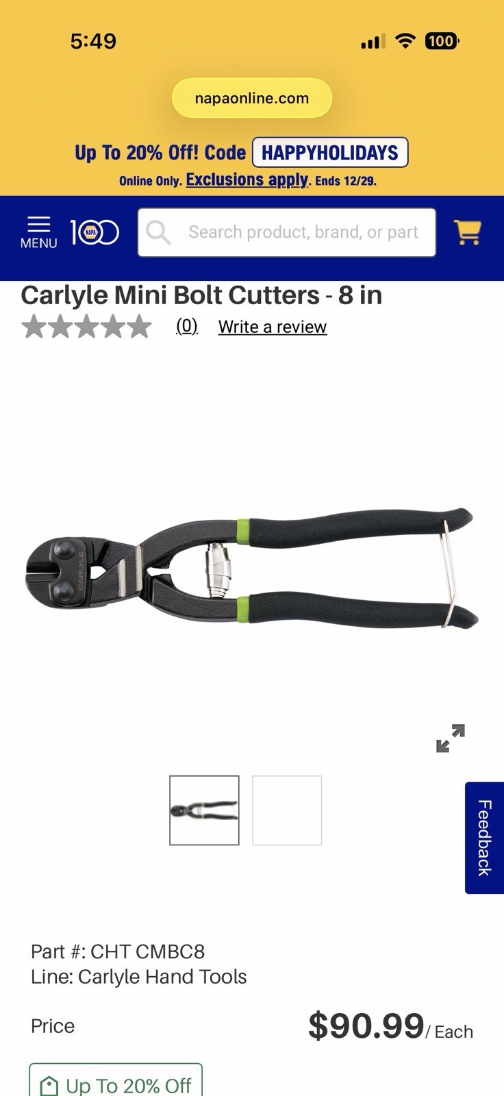 Carlyle CHT MBC8 Mini 8 Inch Bolt Cutters. New!