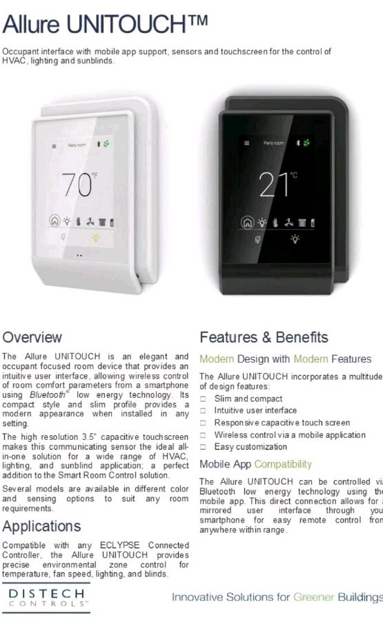 New! Distech Controls Allure UNITOUCH-W PDIDI-UNITW-00 Bluetooth Room Device