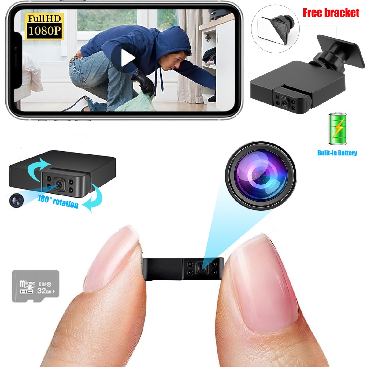 New 180° Mini WIFI Smart Camera 1080P HD Night Vision Security Camera + Battery