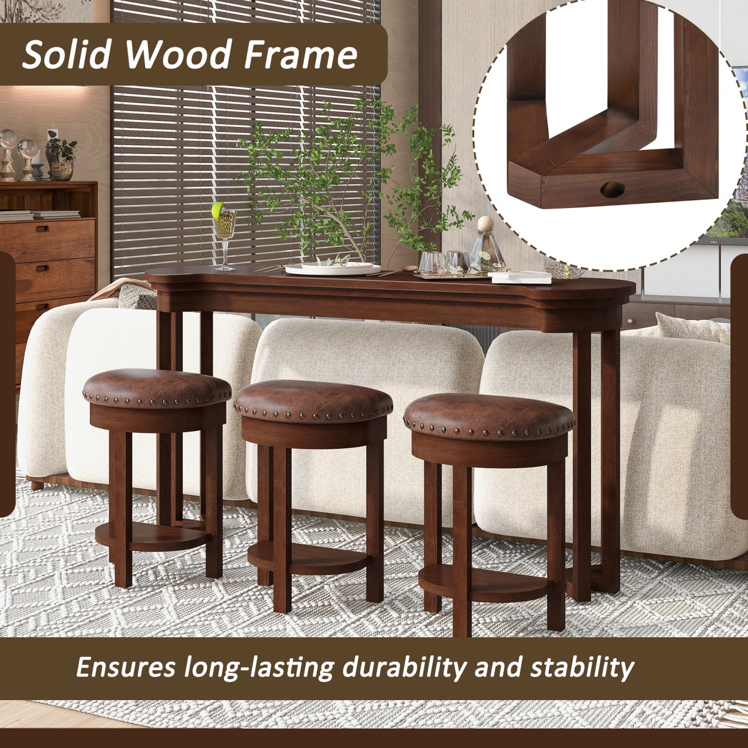 4 Piece Set Counter Height Bar Table & 3 PU Padded Solid Wood Stools Espresso