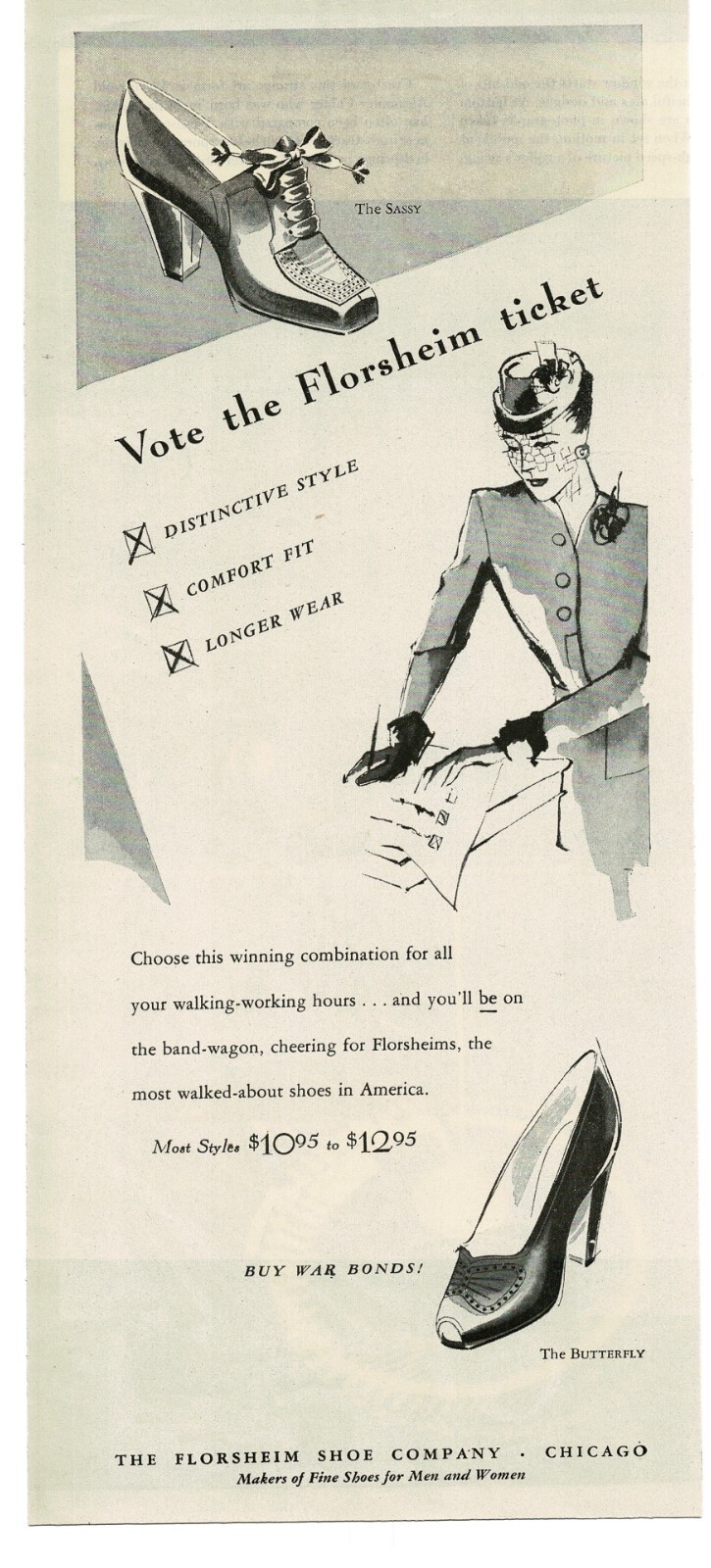 1944 Florsheim Shoes For Women Sassy Butterfly Buy War Bonds WWII Print Ad