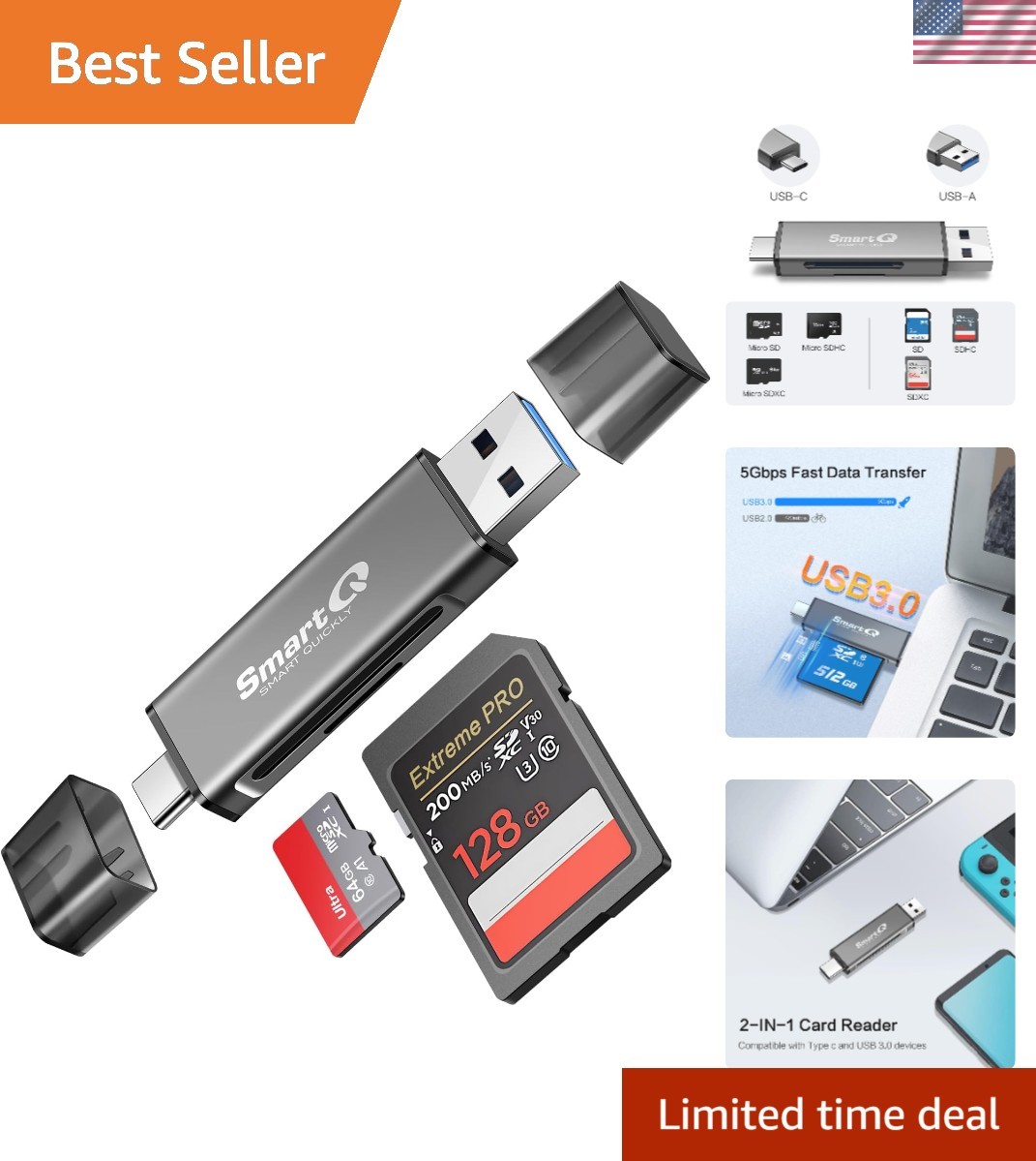Compact C350 USB C & USB 3.0 Card Reader - Effortless Data Transfer Everywhere