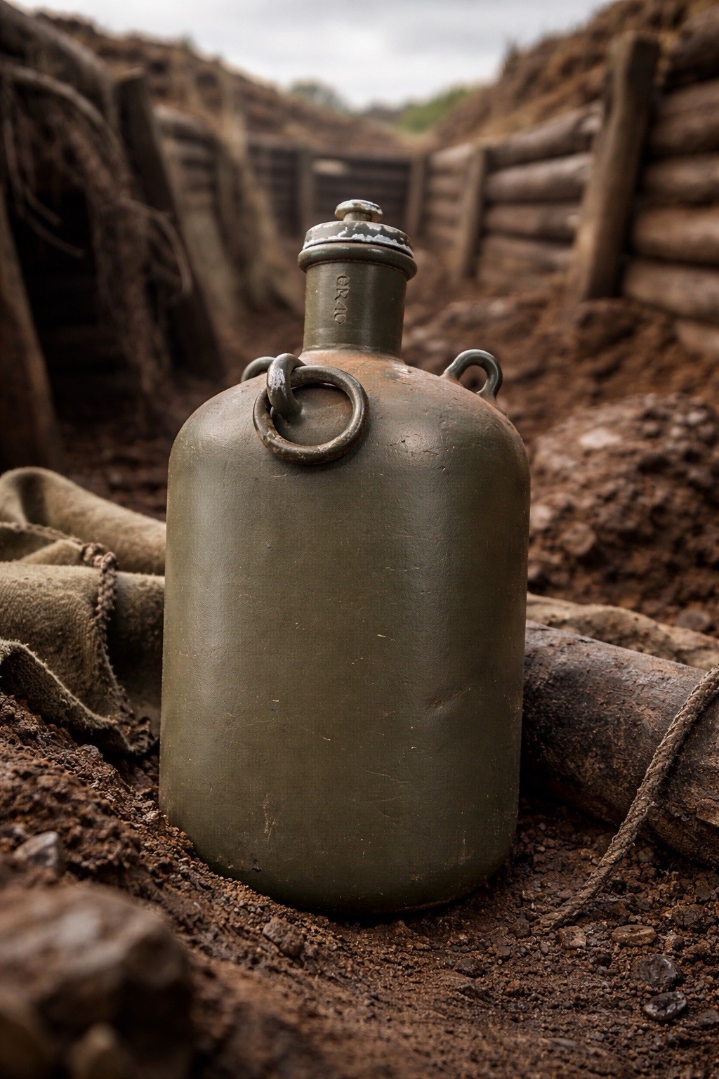 Vintage Olive Drab Metal Canteen Bottle w/ Ring Hangers Marked GR40 Military