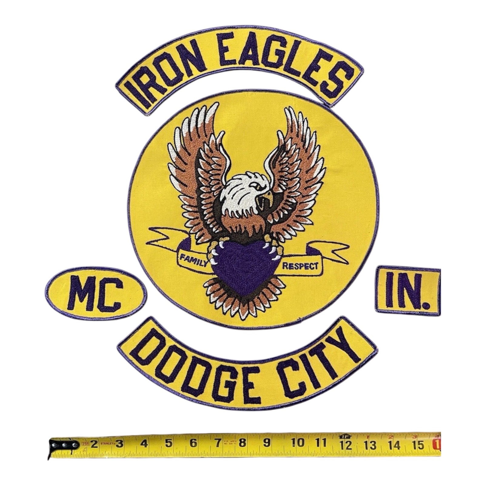 Nice Vintage MC Motorcycle Club Patch Cut Set Embroidered Iron Eagles Dodge City
