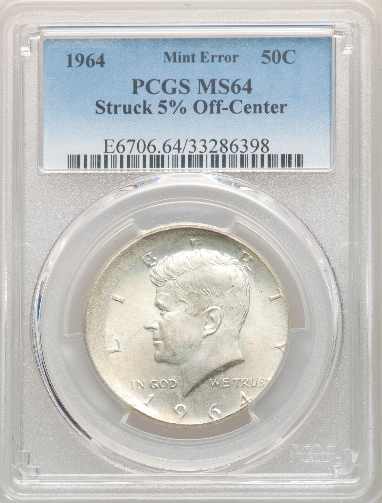 1964 50c SILVER Off Center Kennedy Half Dollar NICE Mint Error Coin PCGS MS64