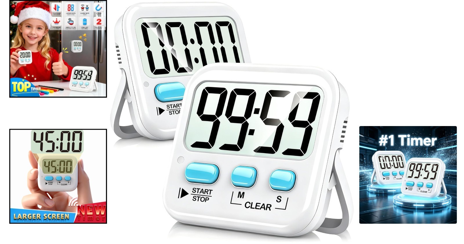 Large Display Digital Timer Set for Cooking, Study & Exercise - 2 Pack Included