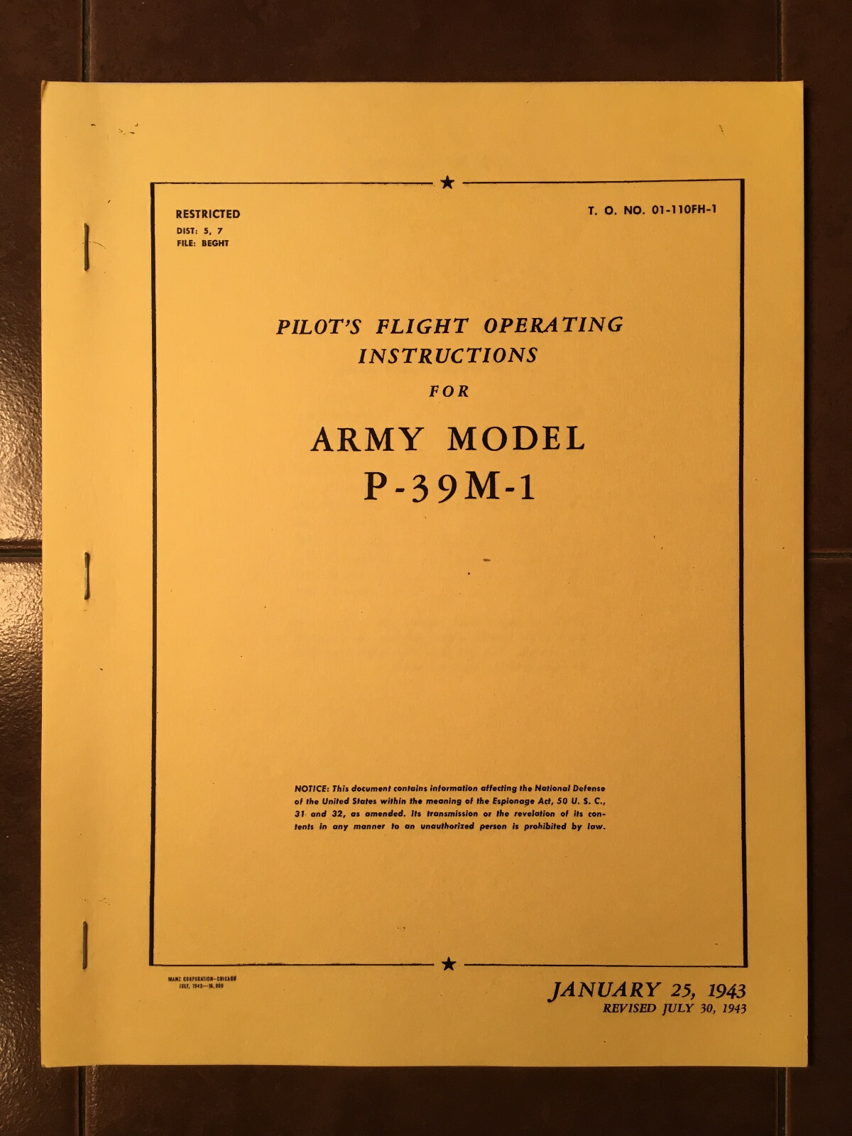 Bell Airacobra P-39M-1 Pilot's Flight Operating Instruction Manual