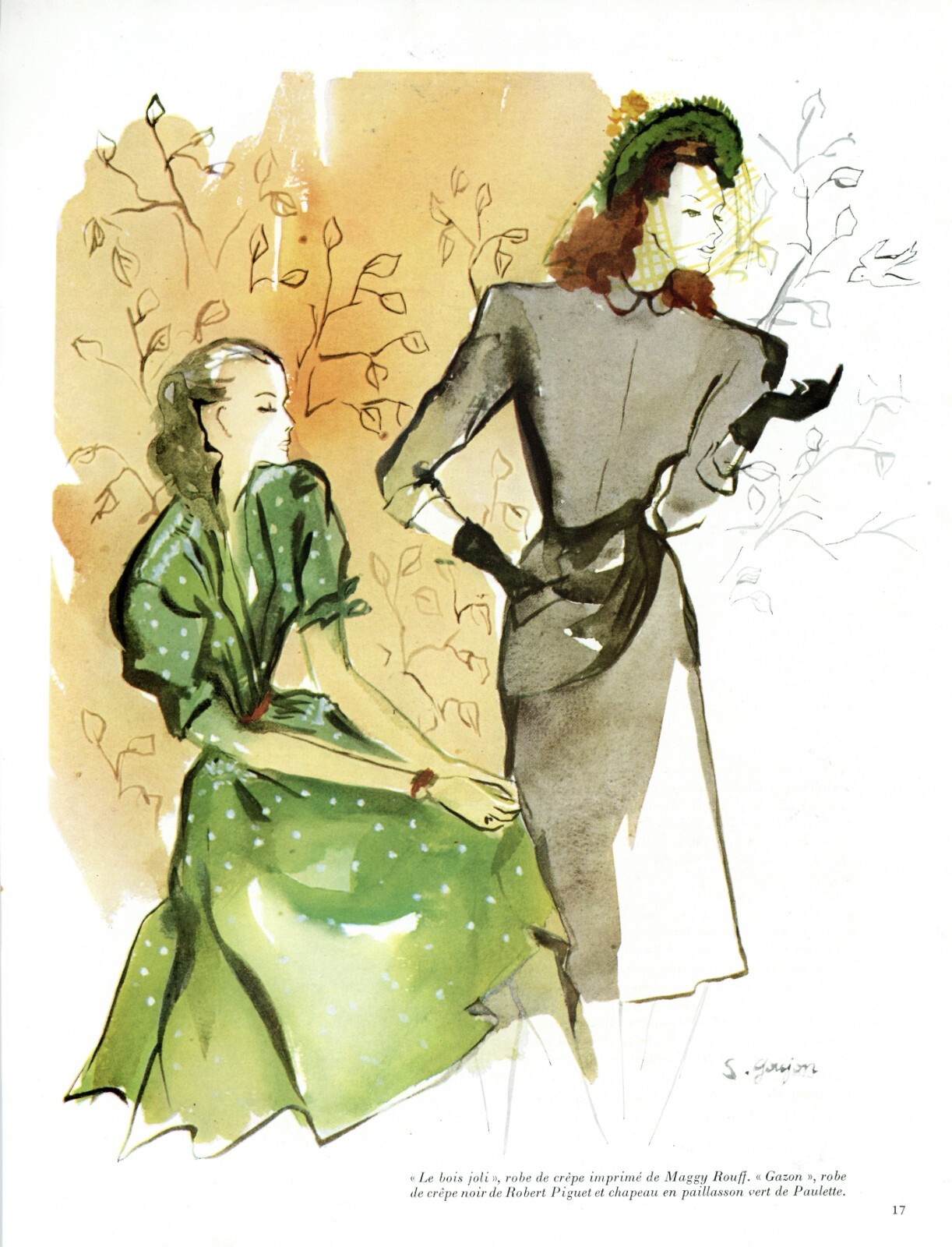 Piguet & Maggy Rouff French Fashion Print Ad S. Goujon Illustration Art 1947