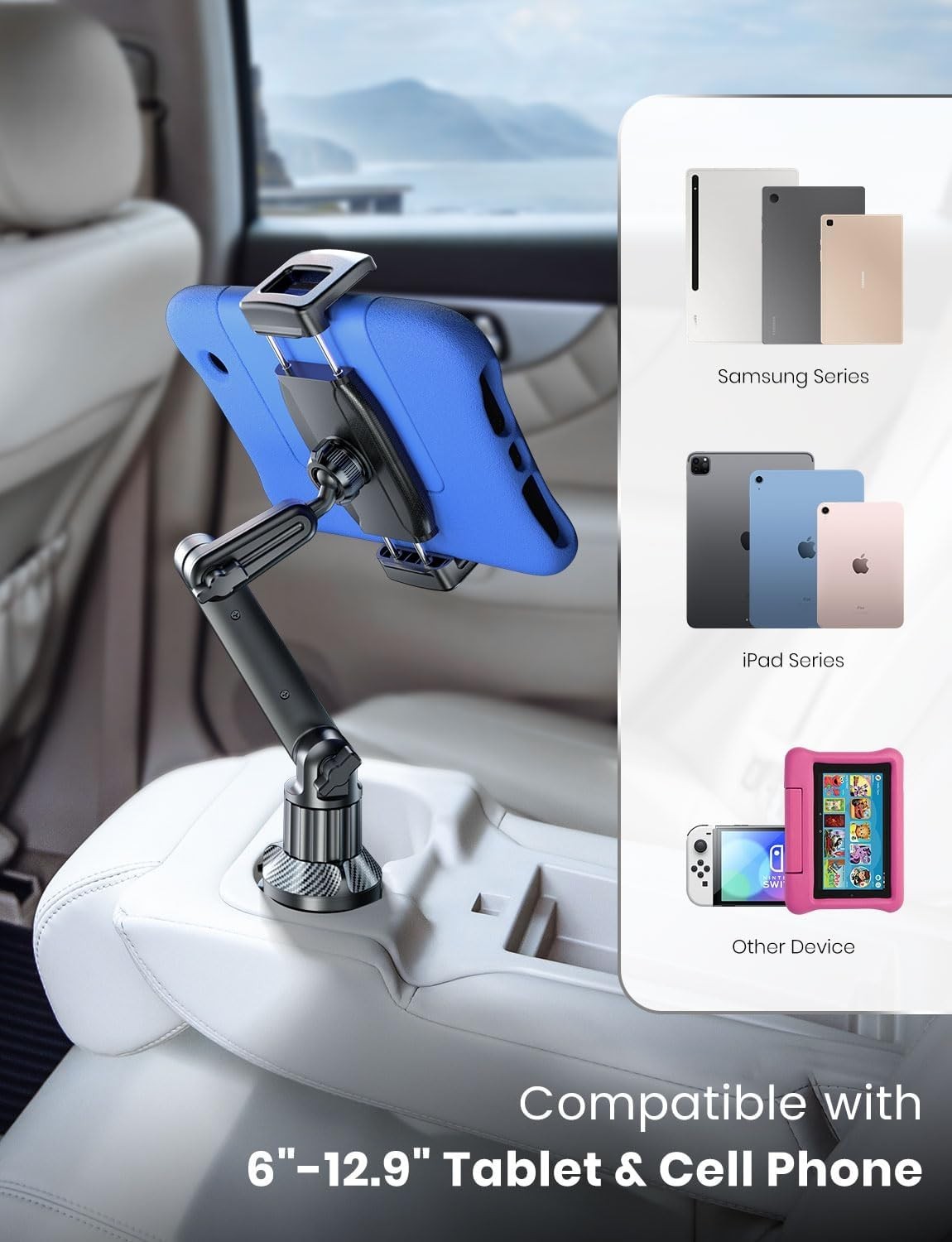 Cup Holder Mount for iPad: 15" Adjustable Height & Secure Grip