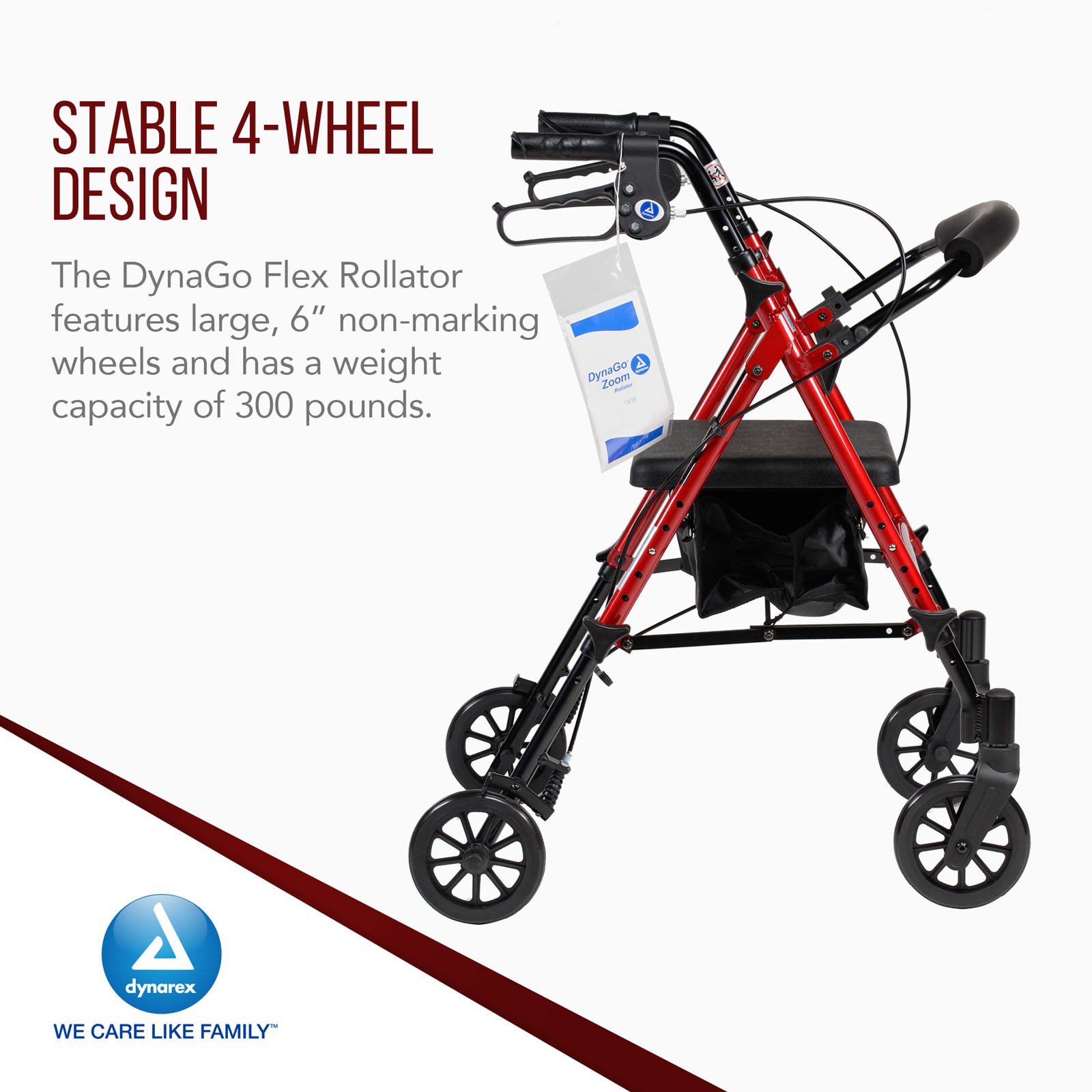 Dynarex DynaGo Flex Rollator, 6" Wheels, Adjustable Seat Height, Red Frame