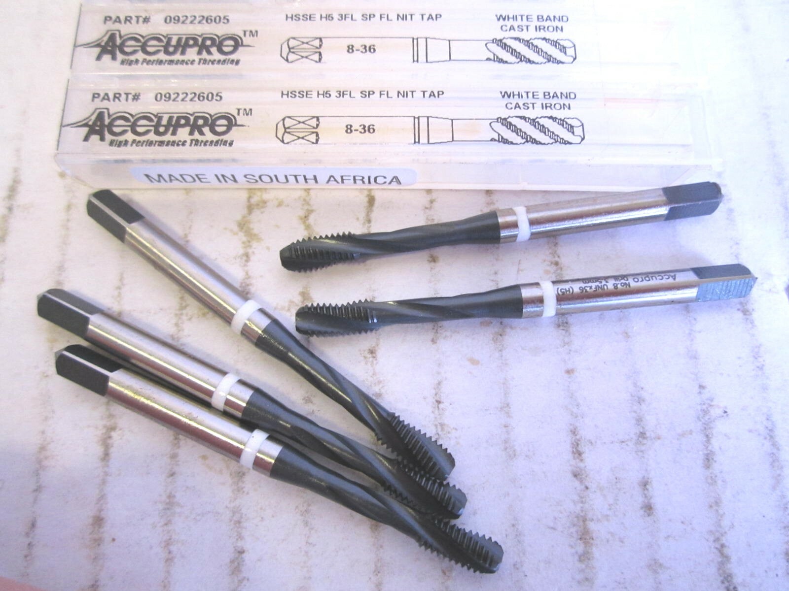 Spiral Flute HSSE #8-36 3-Flute White Band Mod. Bottoming Cast Iron Taps - Qty 5