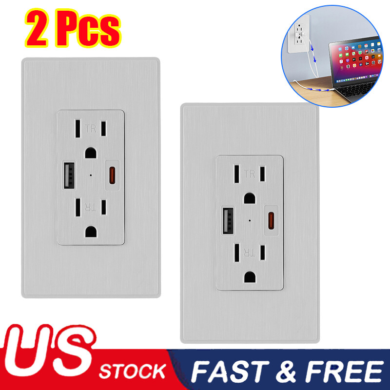 2Pcs Dual USB Wall Outlet Socket AC Power Receptacle Electrical Outlet Plate