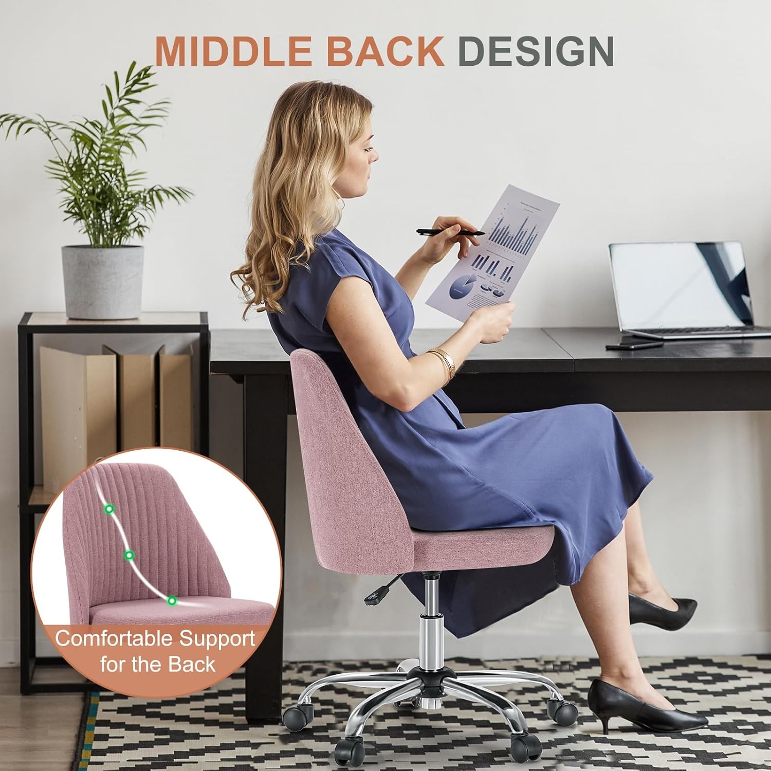 Office Chair Comfy Desk Chair Rolling Vanity Swivel Task Chairs W/ Wheels Wide S