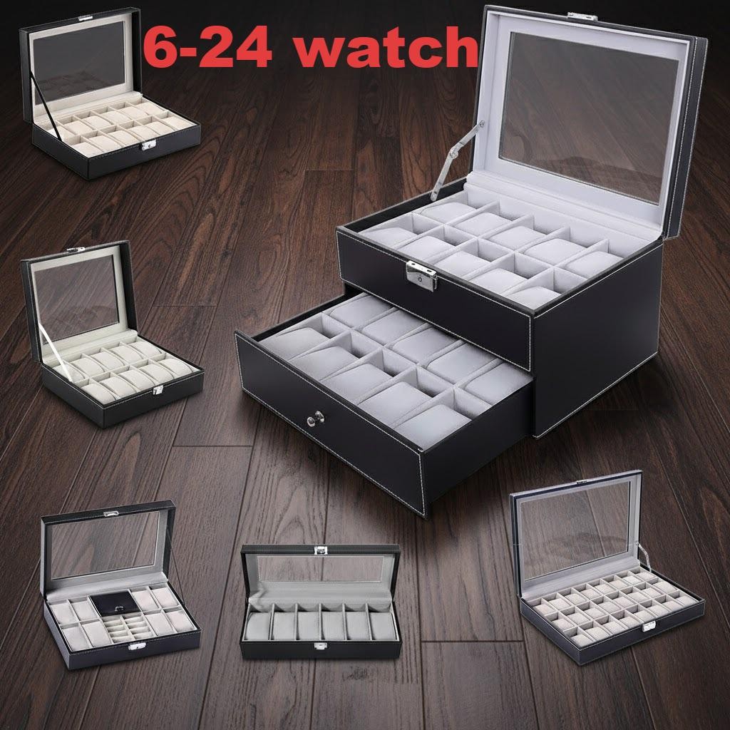 Mens Watch Box Display Case Storage Organiser PU Leather Holder Glass Top Gift