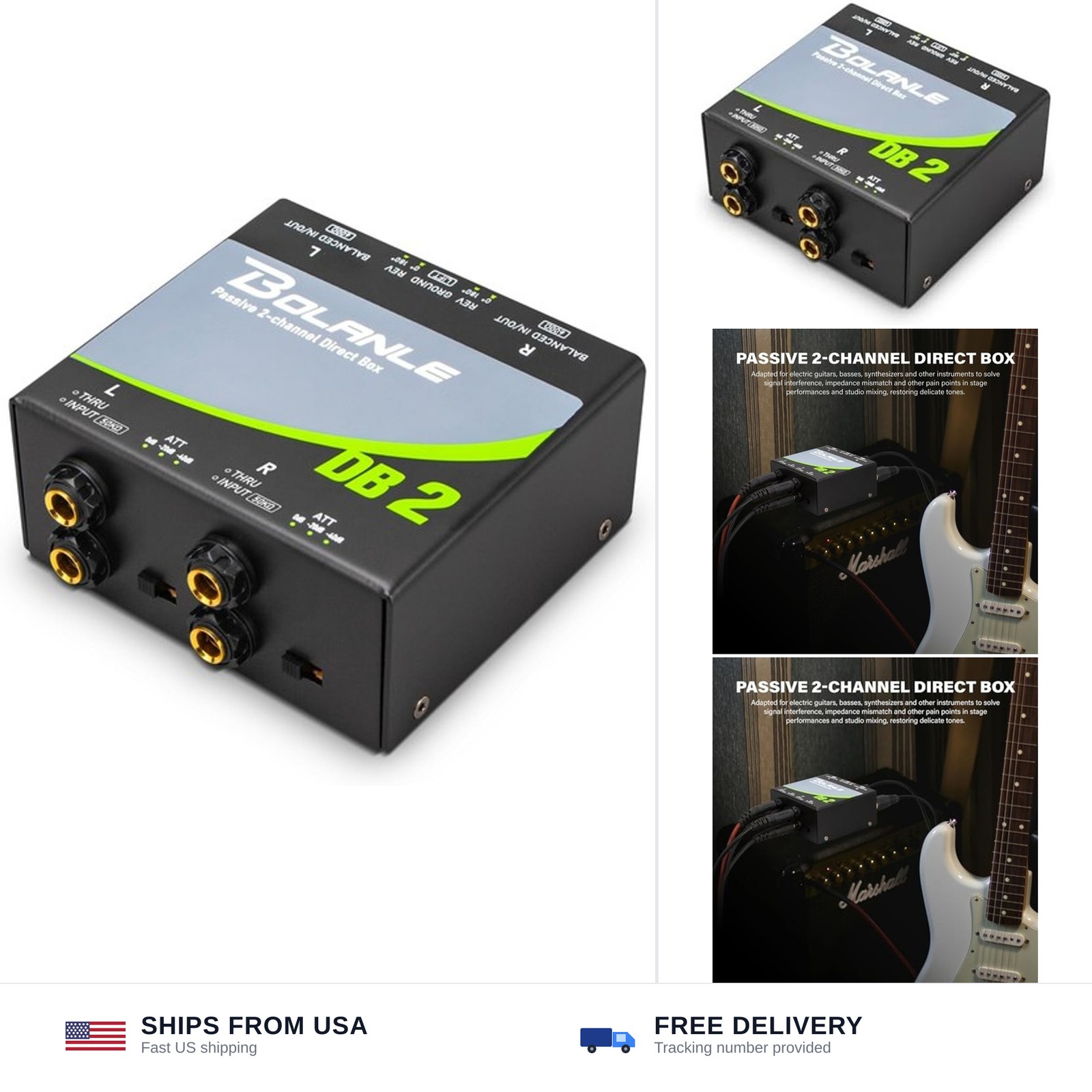 Bolanle Passive 2-Channel Direct Box Stereo DI for Guitar, Bass & Synths Hum ...