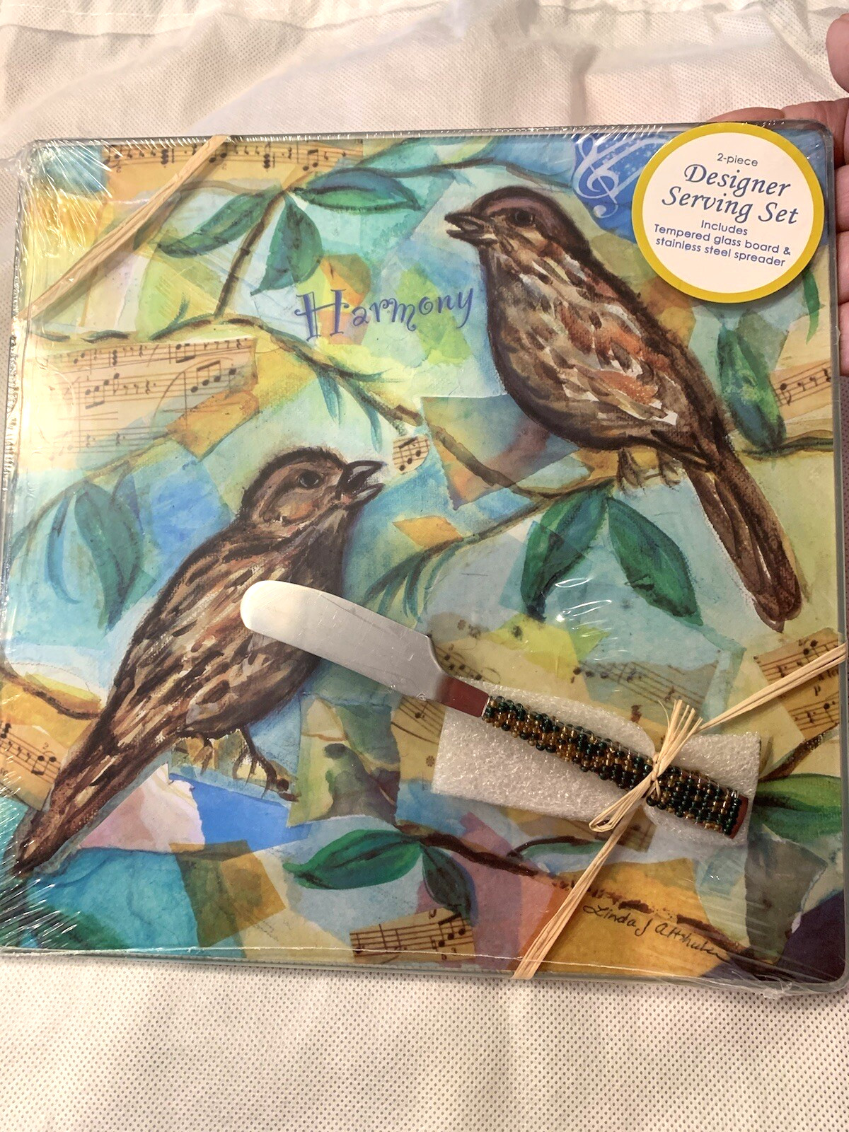 Glass Cheese Board "Bird Wisdom​" Designer Serving Set - Art by Linda Altshuler,