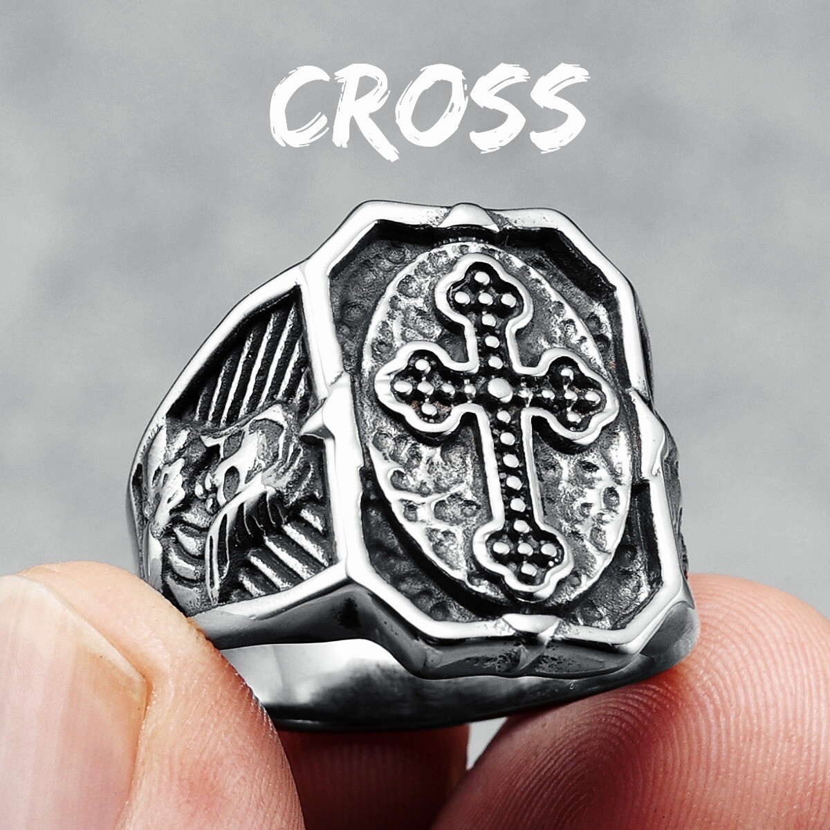 Retro Cross Rings 316L Stainless Steel Men Religion Ring Punk Rock Rider 7-13