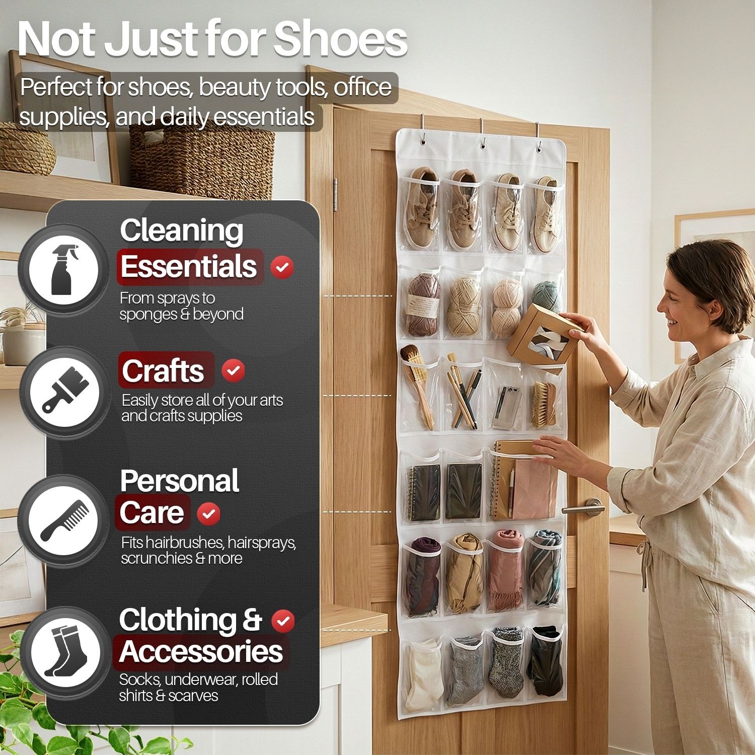 Hanging Shoe Organizer, Over the Door Closet Storage w/ 24 Pockets 3 Hooks