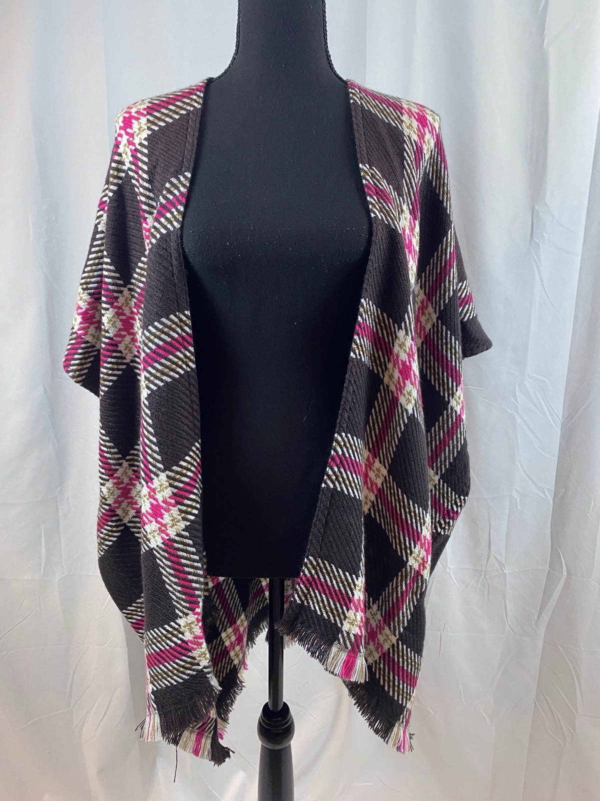 Loft Women’s Size XS Small Knit Plaid Wrap Shawl Fringe Detail
